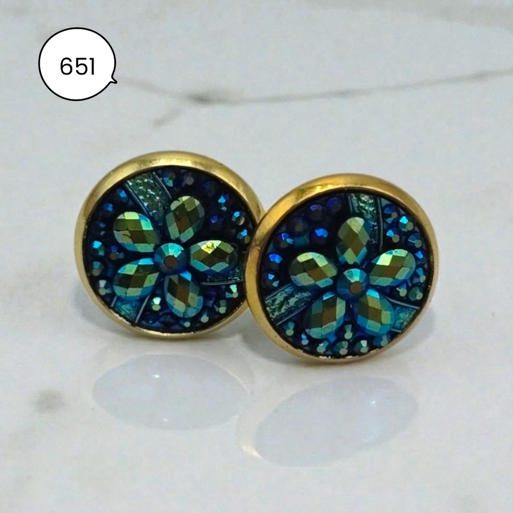 Teal Blue Iridescent Floral Stud Earrings | Gold Bezel Round Earrings